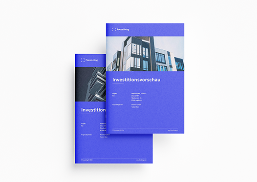Moderne Investitionsbroschüre von FokusLiving in einem auffälligen Blau-Design. Die Titelseite zeigt eine stilvolle Architekturaufnahme, während das Layout minimalistisch und professionell gestaltet ist. Klare Typografie und strukturierte Inhaltsbereiche unterstreichen die Seriosität des Dokuments. Das kräftige Blau sorgt für einen markanten, vertrauenswürdigen Look.