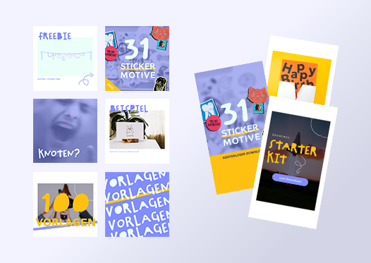 Kreative Social-Media-Designs für digitale Produkte mit modernem, spielerischem Layout. Die Bildkomposition zeigt verschiedene Vorlagen für Sticker-Motive, Freebies und ein Starter-Kit. Klare Typografie kombiniert mit handschriftlichen Elementen und einer Farbkombination aus Blau, Gelb und Orange sorgt für ein auffälliges, modernes Design.