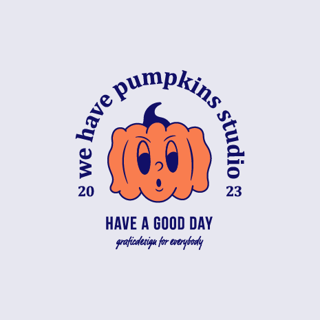 Verspieltes Logo-Design mit einem illustrierten Kürbis als Markenzeichen. Der Schriftzug ‚we have pumpkins studio‘ verläuft in einer Halbkreisform über dem Motiv, begleitet von der Jahreszahl 2023. Darunter die Botschaft ‚HAVE A GOOD DAY‘ in markanter Typografie sowie ein handschriftliches ‚graphicdesign for everybody‘. Farblich kombiniert das Design ein kräftiges Orange für den Kürbis mit einem dunklen Blau für die Schrift, was für einen modernen, kontrastreichen Look sorgt.