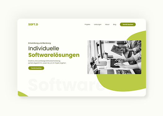 Modernes Webdesign für Softwarelösungen mit minimalistischem Layout in Weiß und Grün. Die Typografie setzt Akzente mit fetten, grünen Schlagworten. Eine Schwarz-Weiß-Fotografie von Entwicklern beim Programmieren am Laptop fügt einen professionellen, technischen Touch hinzu. Organisch geformte, grüne Designelemente sorgen für Dynamik und ein frisches Erscheinungsbild.