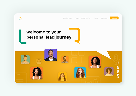 Modernes Webdesign für Lead-Generierung mit einer auffälligen, zweigeteilten Gestaltung. Die obere Hälfte zeigt eine minimalistische, helle Fläche mit schwarzer und orangener Typografie, während die untere Hälfte ein warmes Gelb-Orange mit stilisierten Nutzerporträts enthält. Eine große Sprechblase verbindet beide Bereiche und verstärkt die Personalisierung der Kommunikation. Icons im Hintergrund visualisieren digitale Interaktion und Lead-Management.