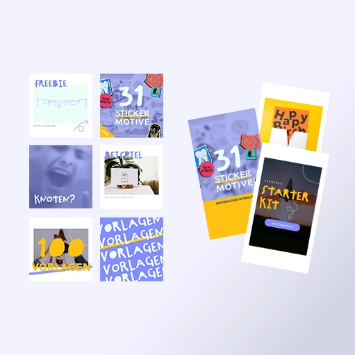 Social_Media_Studio_Mango Kopie Kreative Social-Media-Designs für digitale Produkte mit modernem, spielerischem Layout. Die Bildkomposition zeigt verschiedene Vorlagen für Sticker-Motive, Freebies und ein Starter-Kit. Klare Typografie kombiniert mit handschriftlichen Elementen und einer Farbkombination aus Blau, Gelb und Orange sorgt für ein auffälliges, modernes Design.