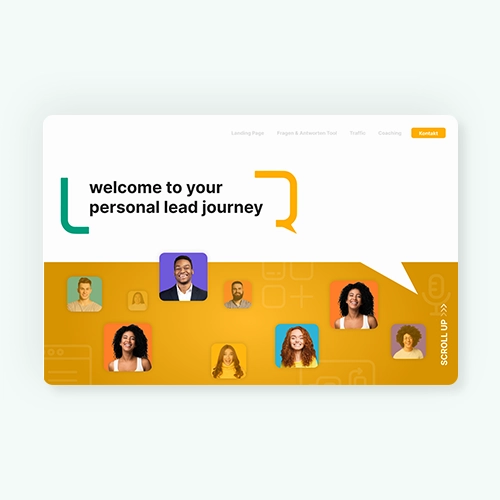 Webdesign Modernes Webdesign für Lead-Generierung mit einer auffälligen, zweigeteilten Gestaltung. Die obere Hälfte zeigt eine minimalistische, helle Fläche mit schwarzer und orangener Typografie, während die untere Hälfte ein warmes Gelb-Orange mit stilisierten Nutzerporträts enthält. Eine große Sprechblase verbindet beide Bereiche und verstärkt die Personalisierung der Kommunikation. Icons im Hintergrund visualisieren digitale Interaktion und Lead-Management.